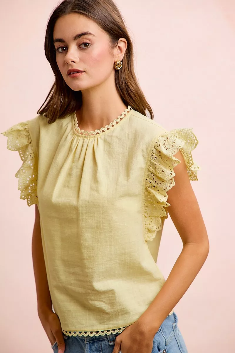 BiBi Cotton Solid Ruffle Sleeve Lace Detail Blouse Top, image 10