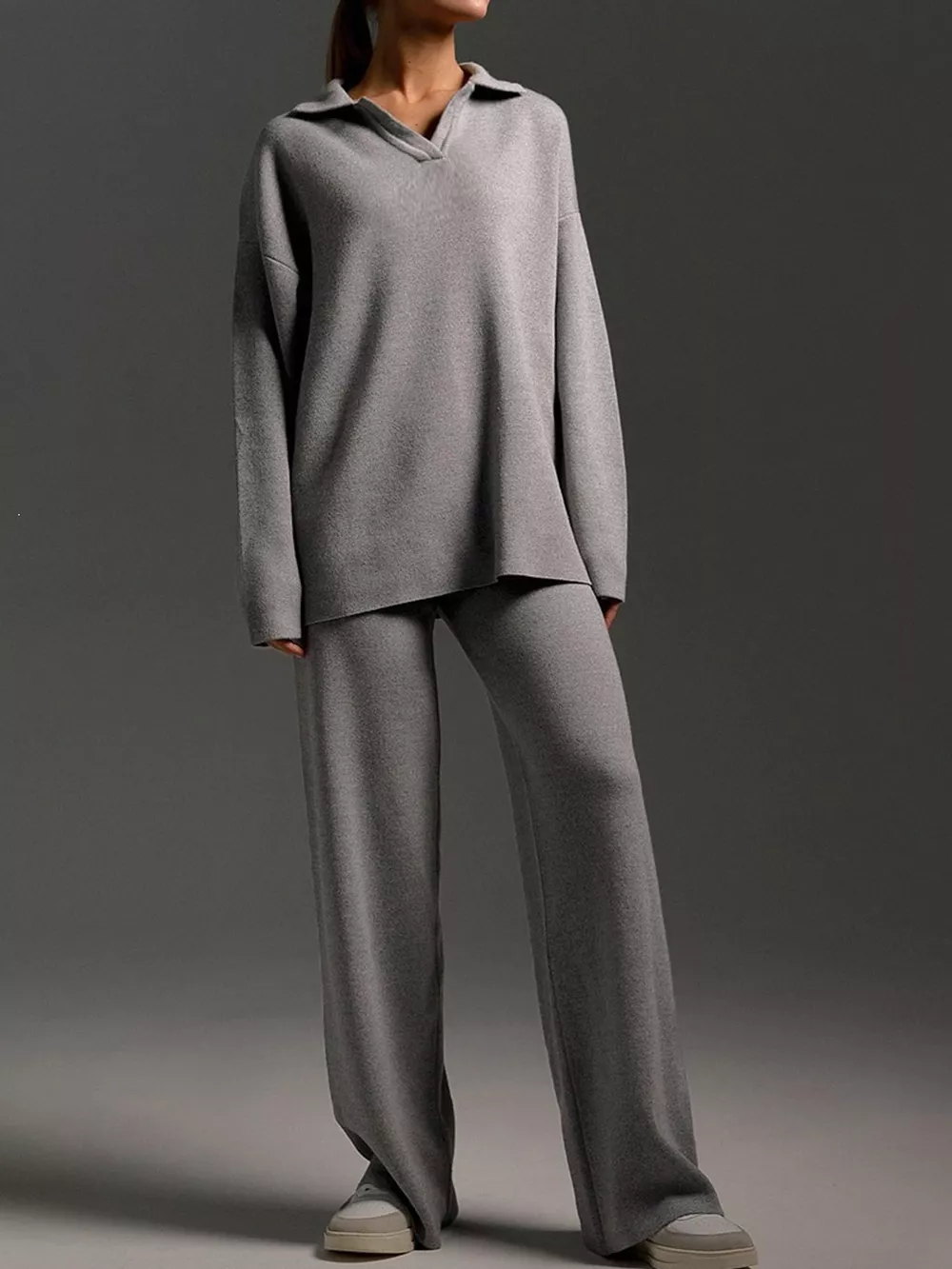 Polo Collar Top and Wide-Leg Pants Set, image 22