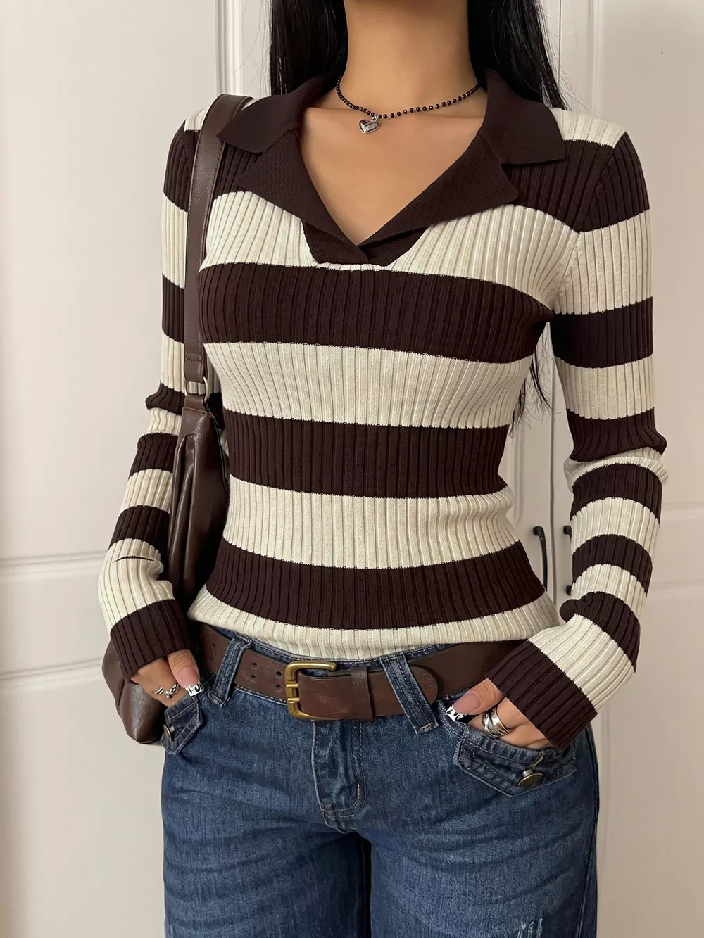 Striped Ribbed Knit Long Sleeve Sweater, image 4