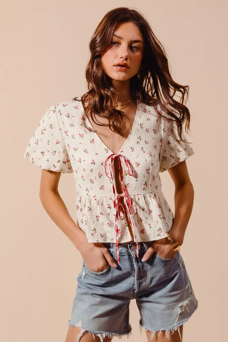 Ditsy Floral Print Gauze Tie-Front Blouse, image 9