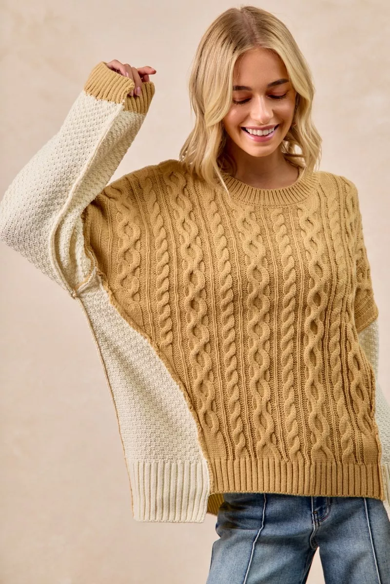 Cable Knit With Hacci Combo Sweater With Uneven Hem Detail, image 14