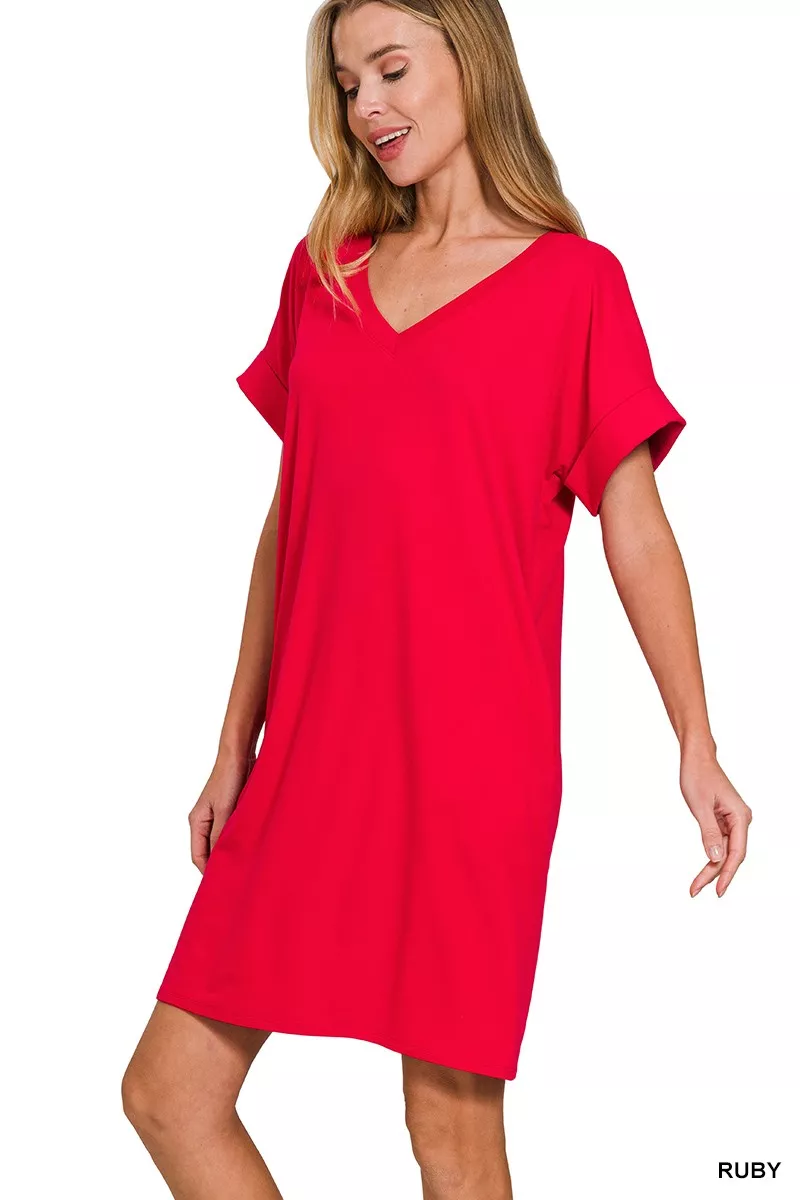 Brushed Dty Rolled Short Sleeve V-Neck Dress, image 3