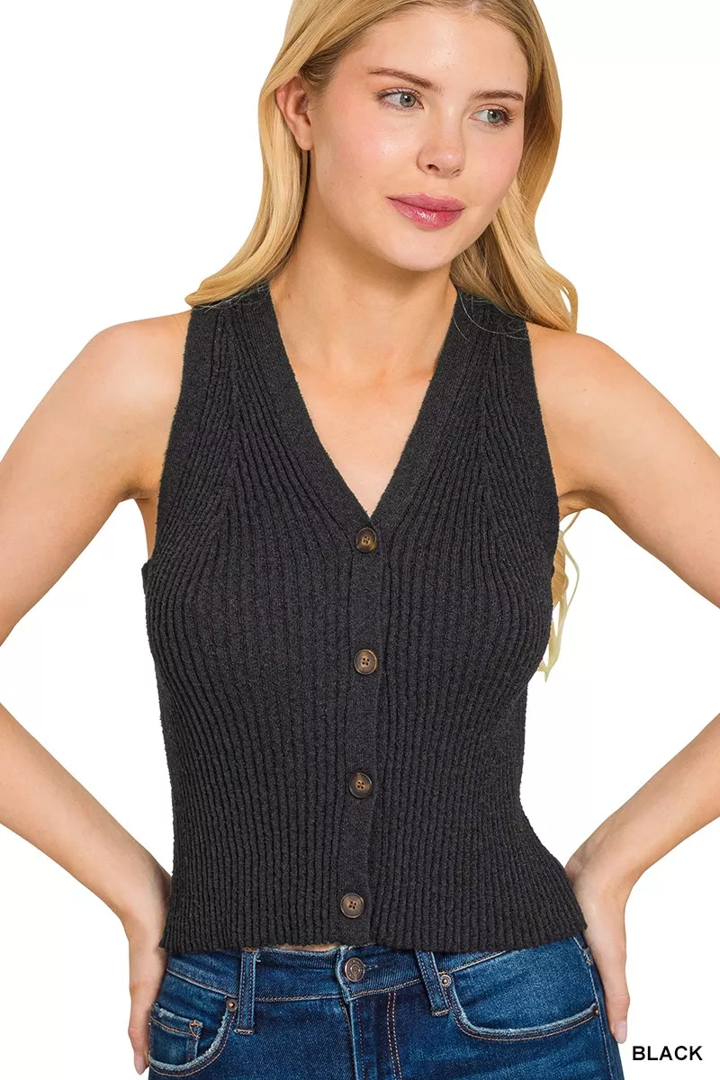 Ribbed Knit Button-Down Sweater Vest, image 3