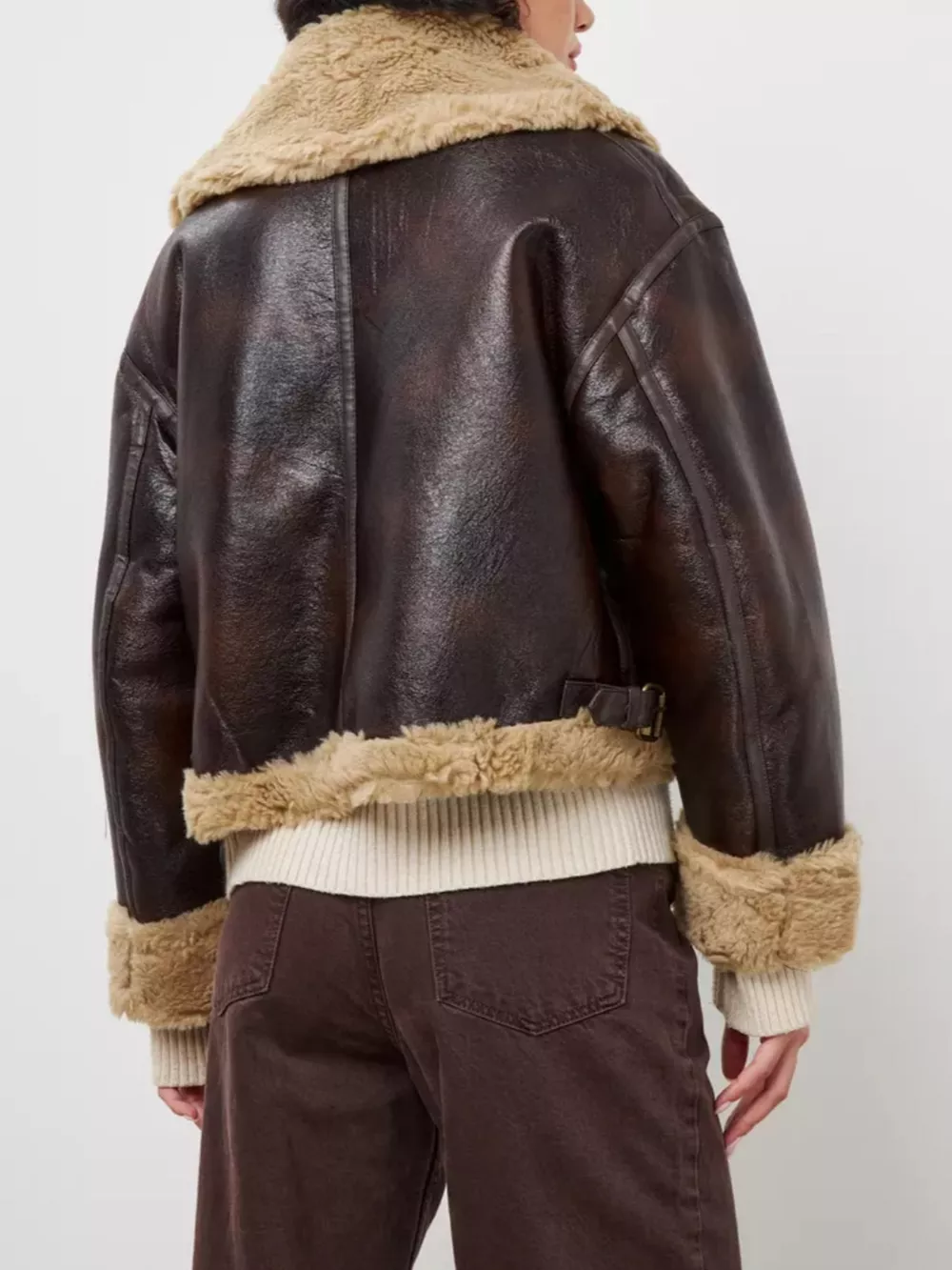 Vintage-Inspired Faux Leather Aviator Jacket with Plush Shearling Trim, image 5