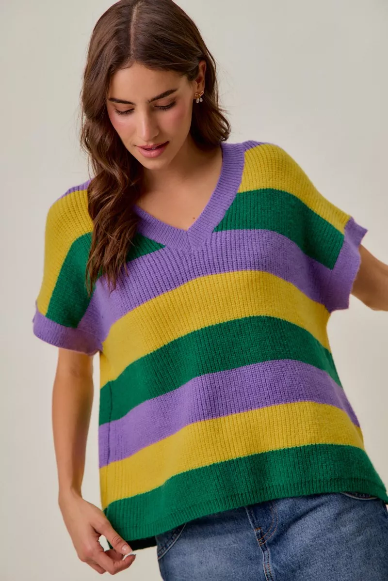 Mardi Gras Loose Fit V Neck Stripe Sweater Top, image 12