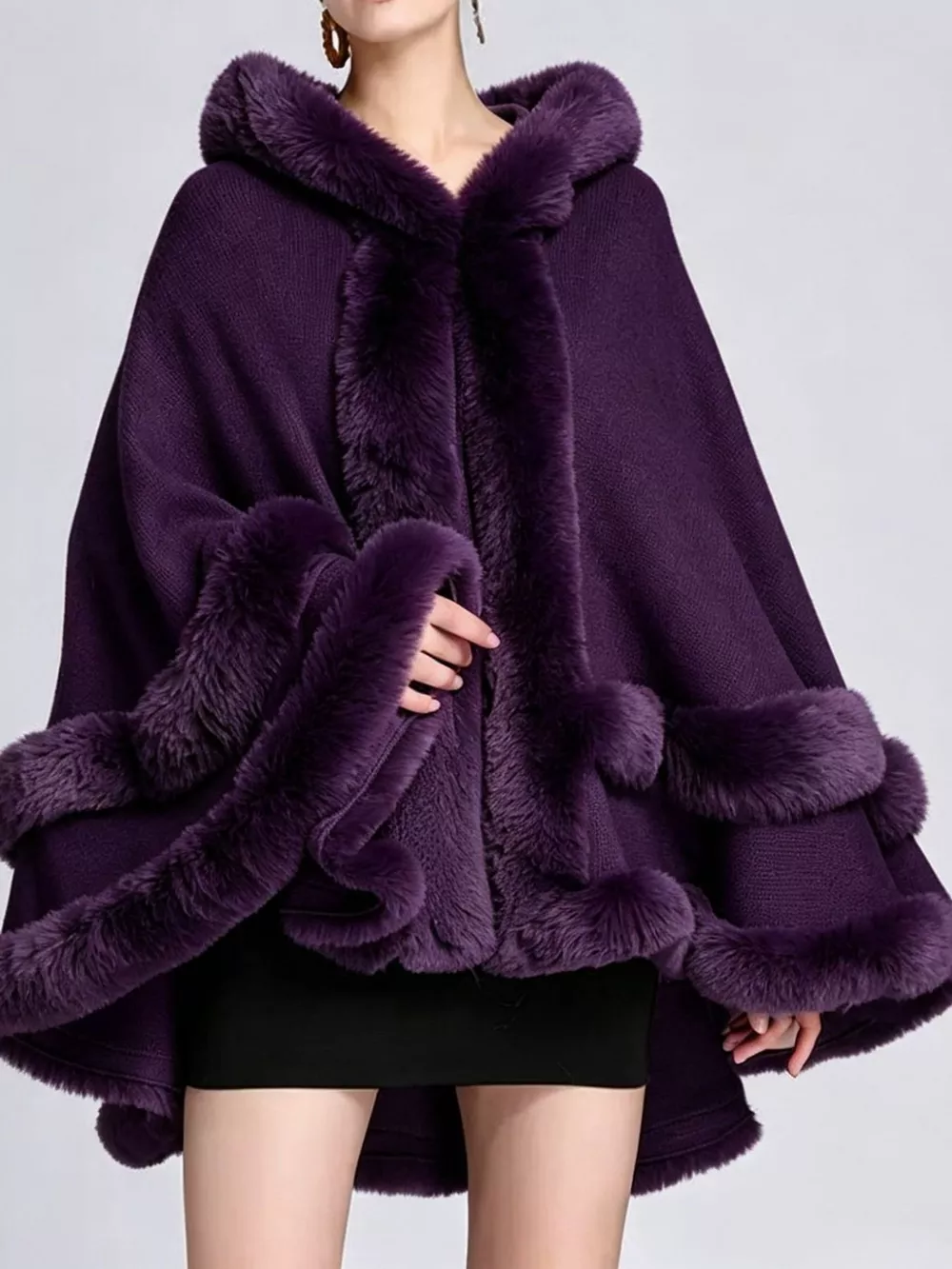 Faux Fur Trimmed Hooded Cape, image 34