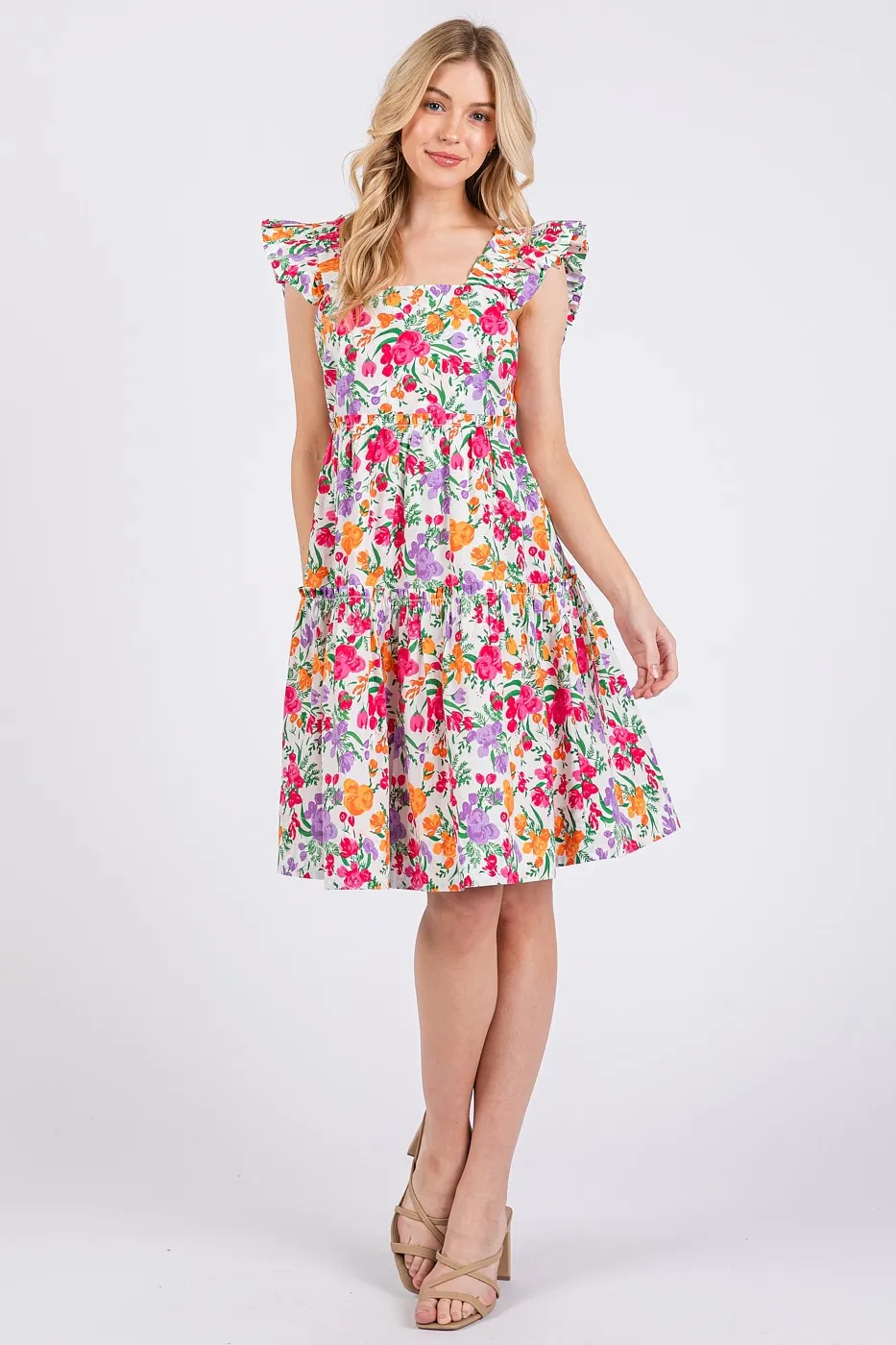 Flower Print Ruffle Shoulder A-line Mini Dress, image 6