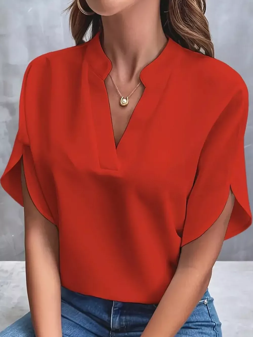 Notched Slit Short Sleeve Blouse, image 21