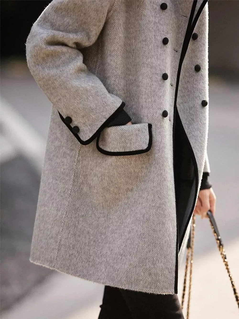 Plus Size Double-Breasted Coat with Contrast Trim, image 6