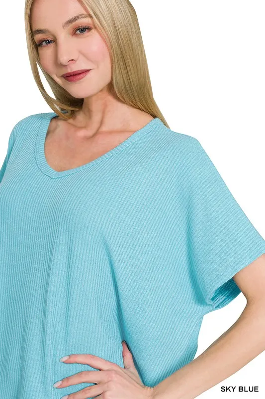 Ribbed V-Neck Short-Sleeve Knit Top, image 2