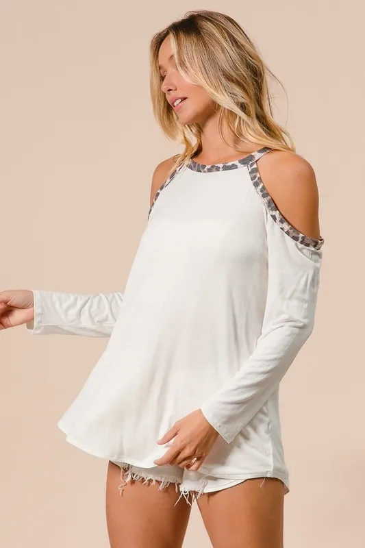 Jersey Knit Cold Shoulder Top with Leopard Neck, image 3