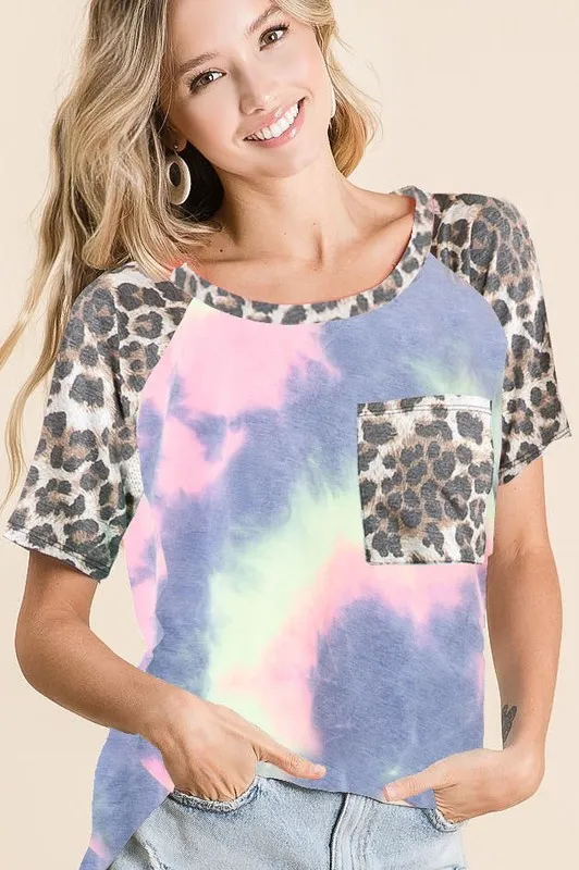 Tie Dye Knit Top with Leopard Raglan Sleeves, image 4
