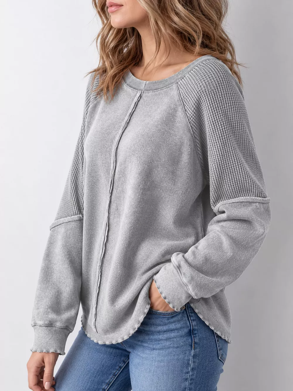 Waffle Knit Raglan Sleeve Sweatshirt, image 6