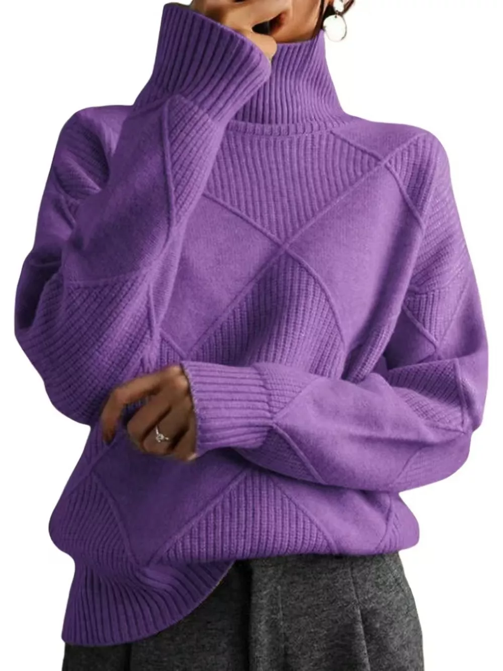 Full Size Diamond Pattern Turtleneck Sweater Plus Size, image 63