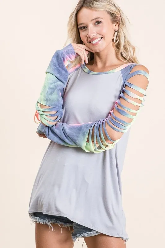 Jersey Knit Top with Tie Dye Laser Cut Sleeves