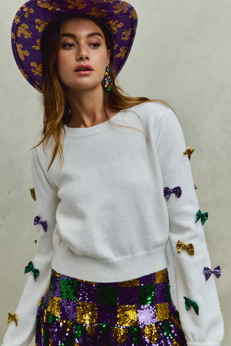 Mardi Gras Glitter Bow Ribbon Sweater Knit Top, image 16