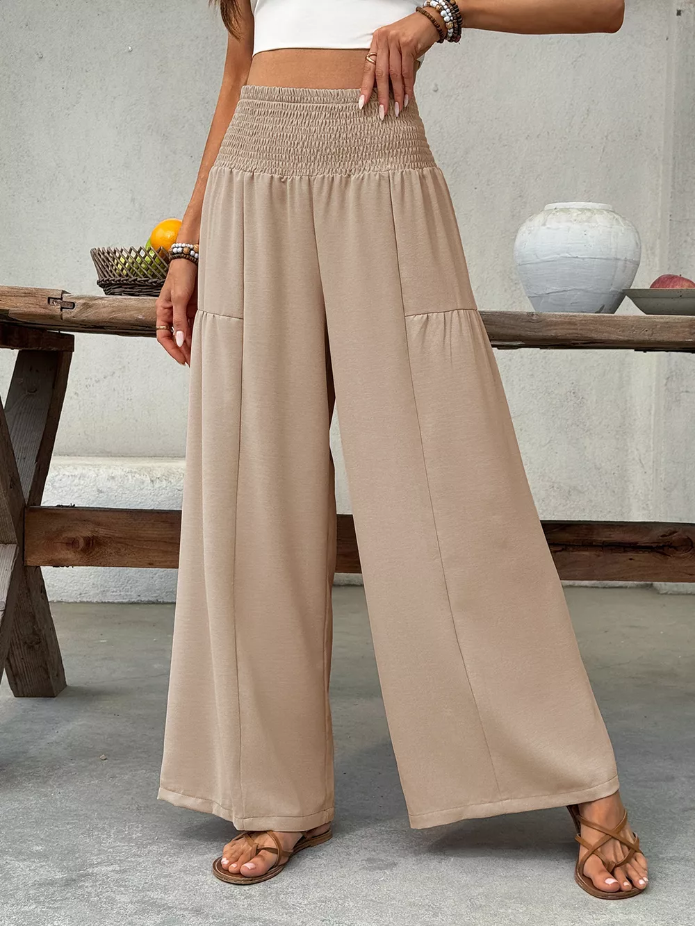 Smocked Waist Wide Leg Pants