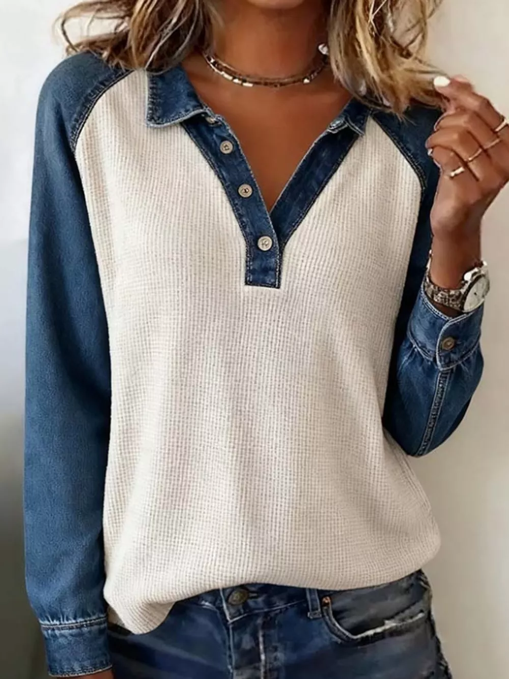 Full Size Waffle Knit Denim Patchwork Button Detail Blouse Plus Size
