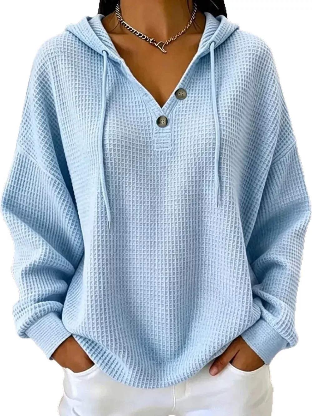 Full Size Waffle Knit Button Detail Hoodie Plus Size, image 5