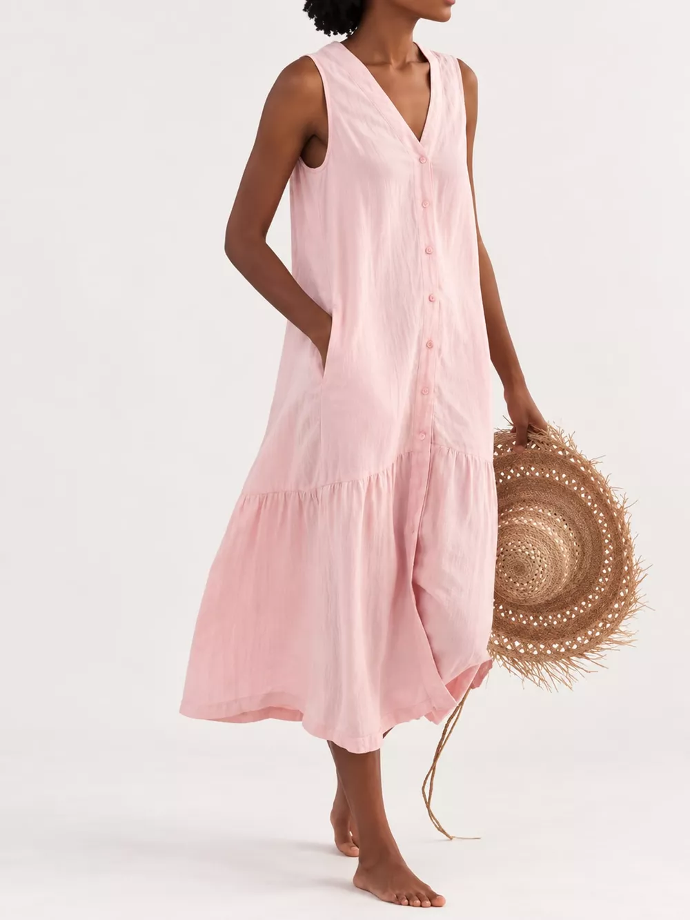 Full Size V-Neck Button Front Sleeveless Midi Dress Plus Size, image 22