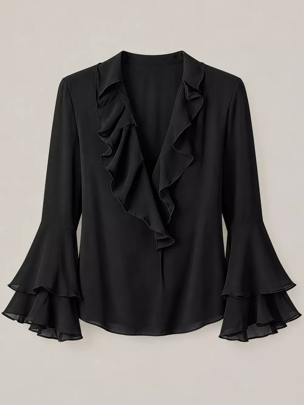 Ruffle-Trim V-Neck Blouse with Bell Sleeves, image 8