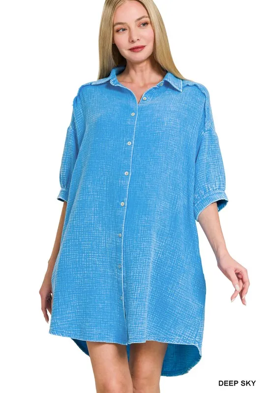 Washed Double Gauze Button Down Shirt Dress, image 3