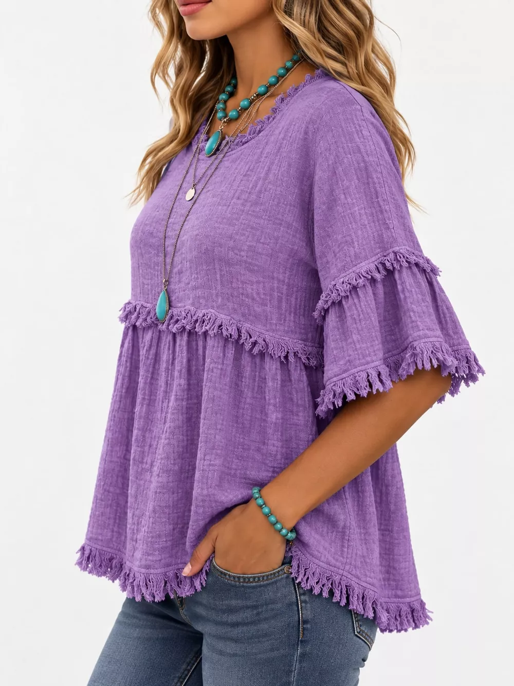 Full Size Frayed Edge Textured Blouse Plus Size, image 11