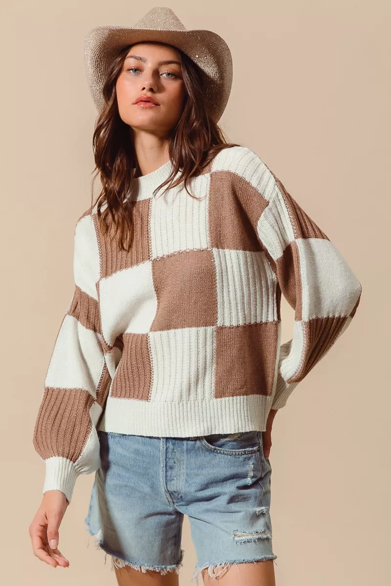 Ribbed Color Block Checkered Plaid Sweater, image 7