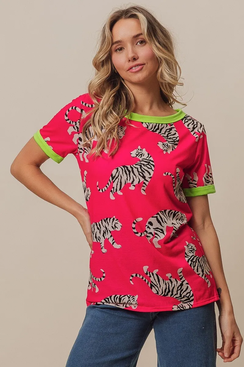 BiBi Big Tiger Print Jersey Contrast Ringer Top, image 3