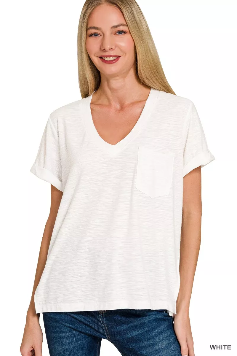 Slub Rolled Short Sleeve V-Neck Tee