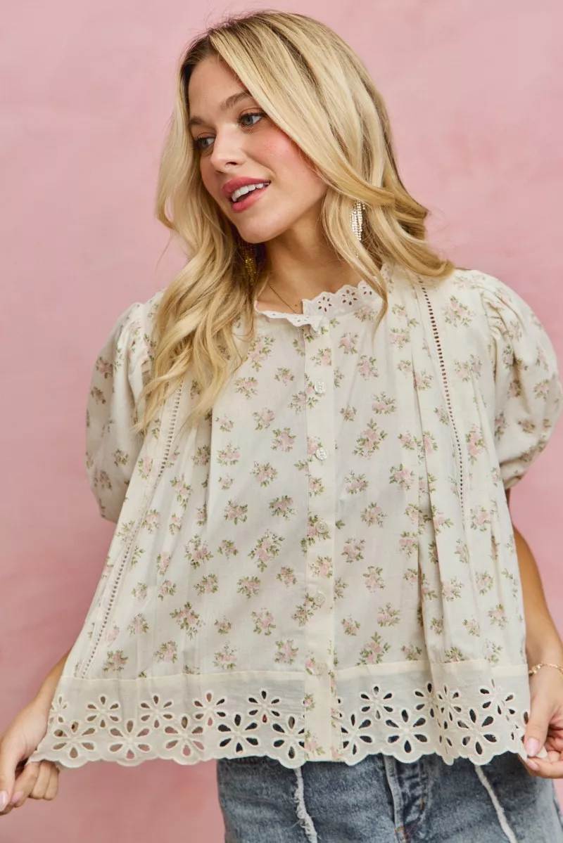 Floral Print Lace Trim Short Sleeves Blouse, image 13