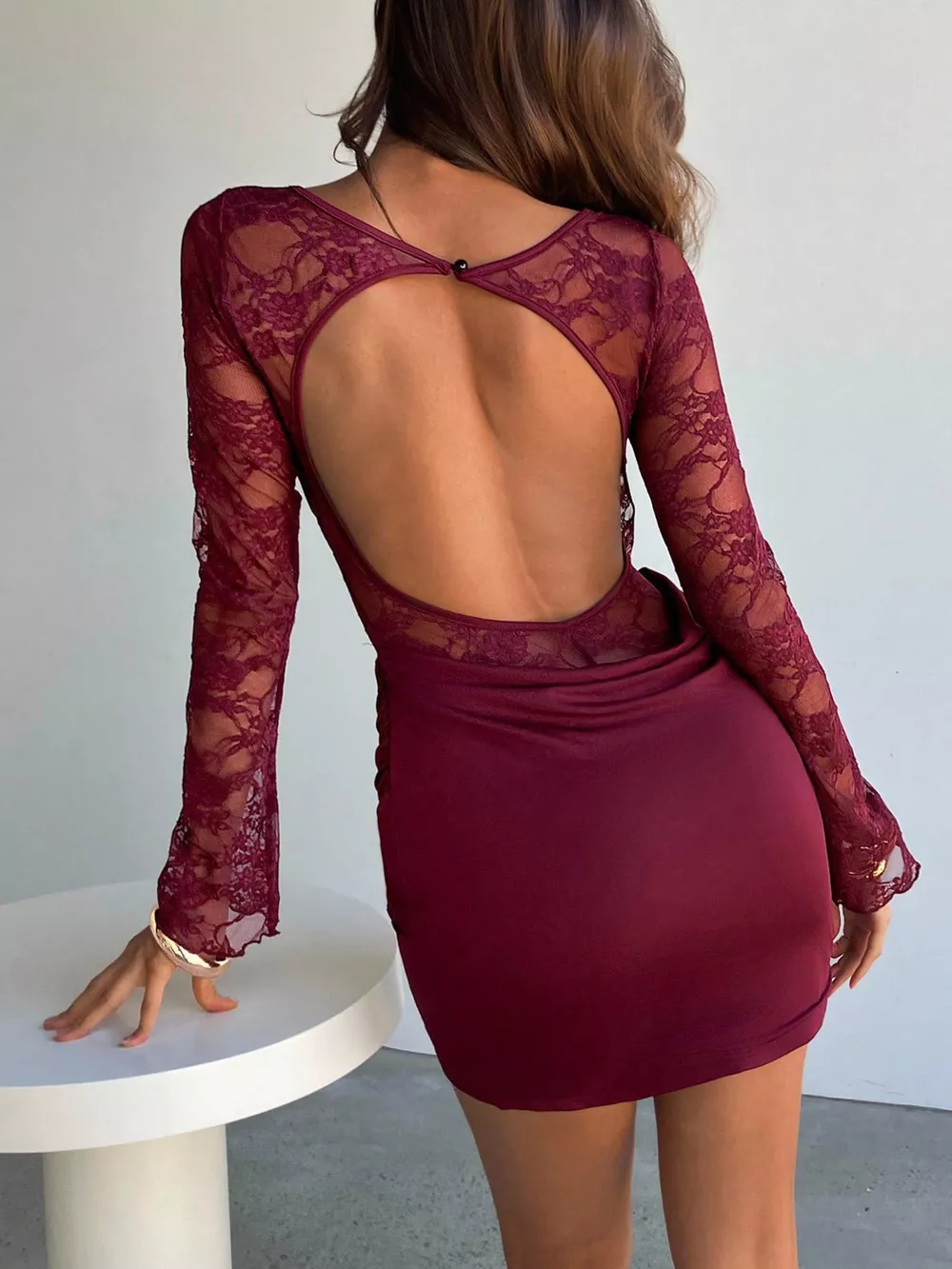Lace Sheer Cutout Back Long Sleeve Ruched Dress, image 3