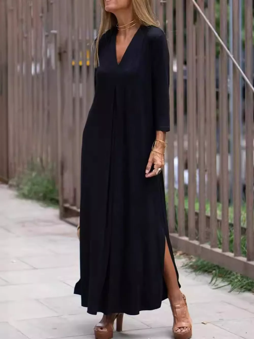 Full Size V-Neck Solid Color Casual Midi Dress Plus Size