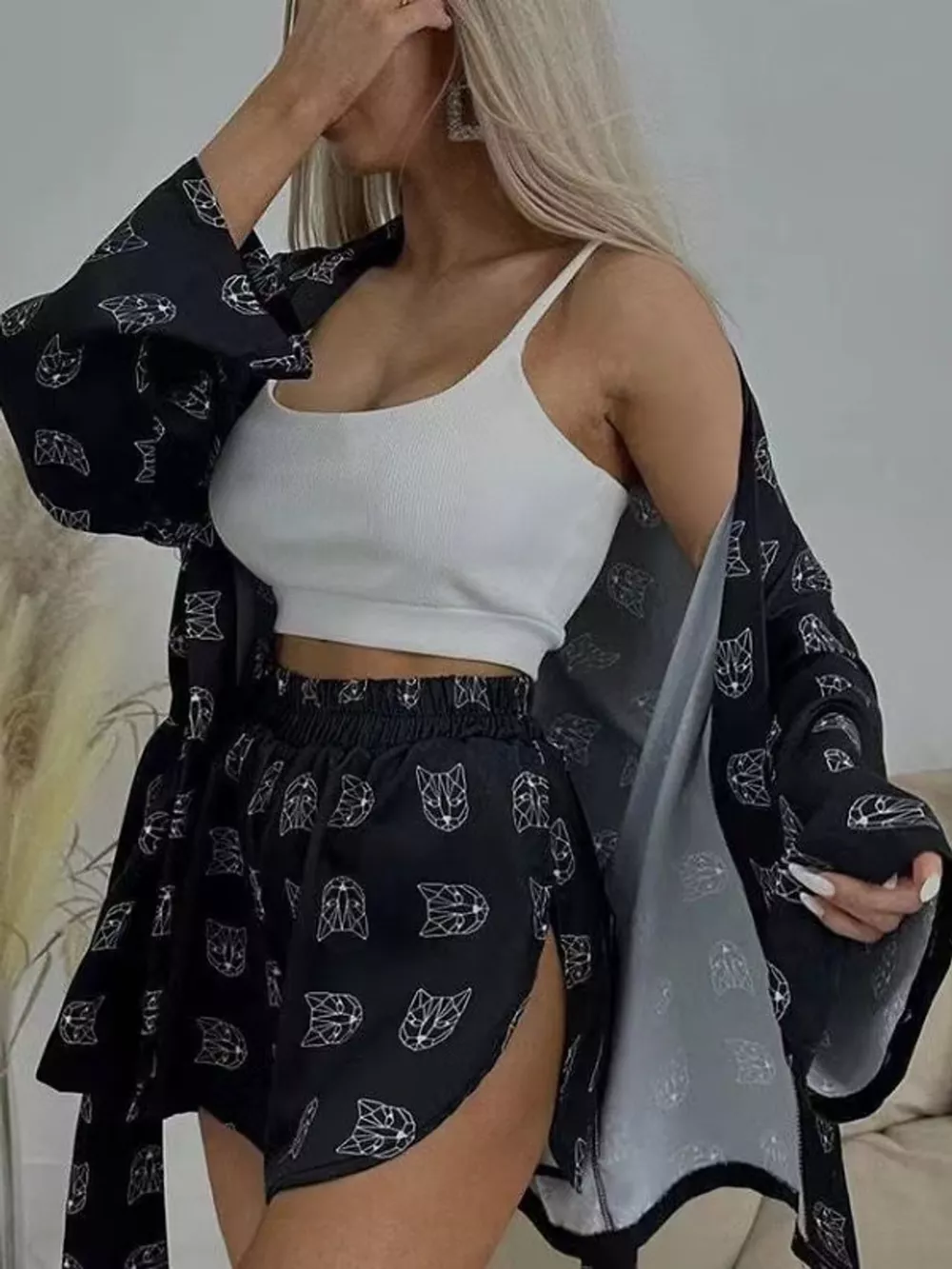 Geometric Cat Print Cardigan and Shorts Lounge Set, image 19