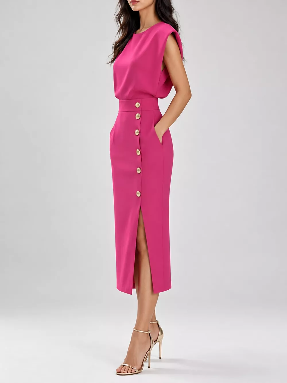 Sleeveless Midi Dress with Gold Button Detail and Side Slit, image 32