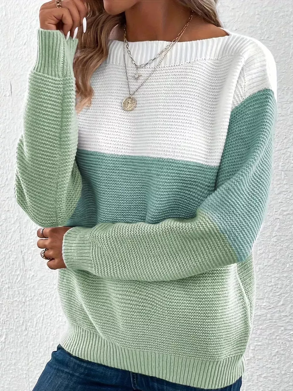 Full Size Color-Block Boat Neck Sweater Plus Size, image 19