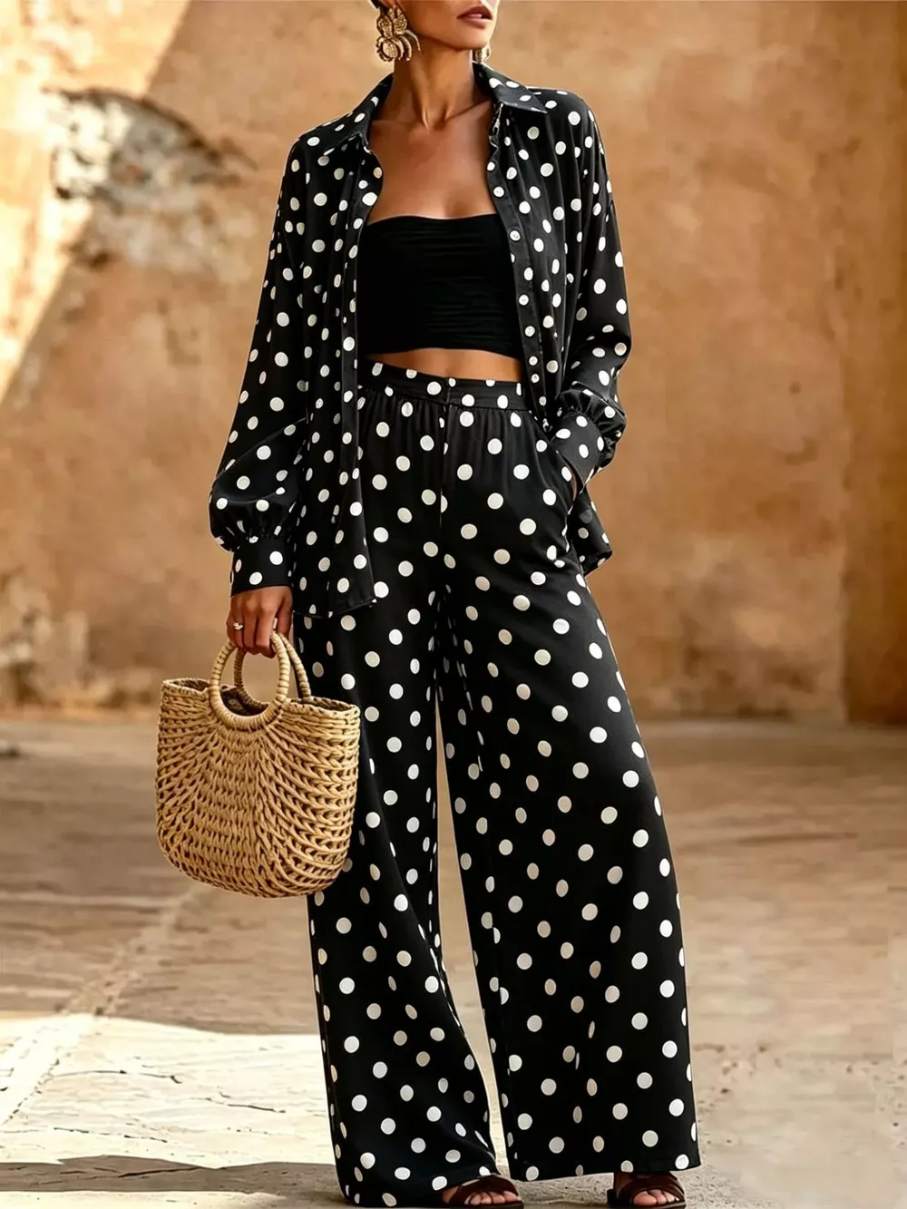 Full Size Polka Dot Shirt and Wide-Leg Pants Set Plus Size, image 3