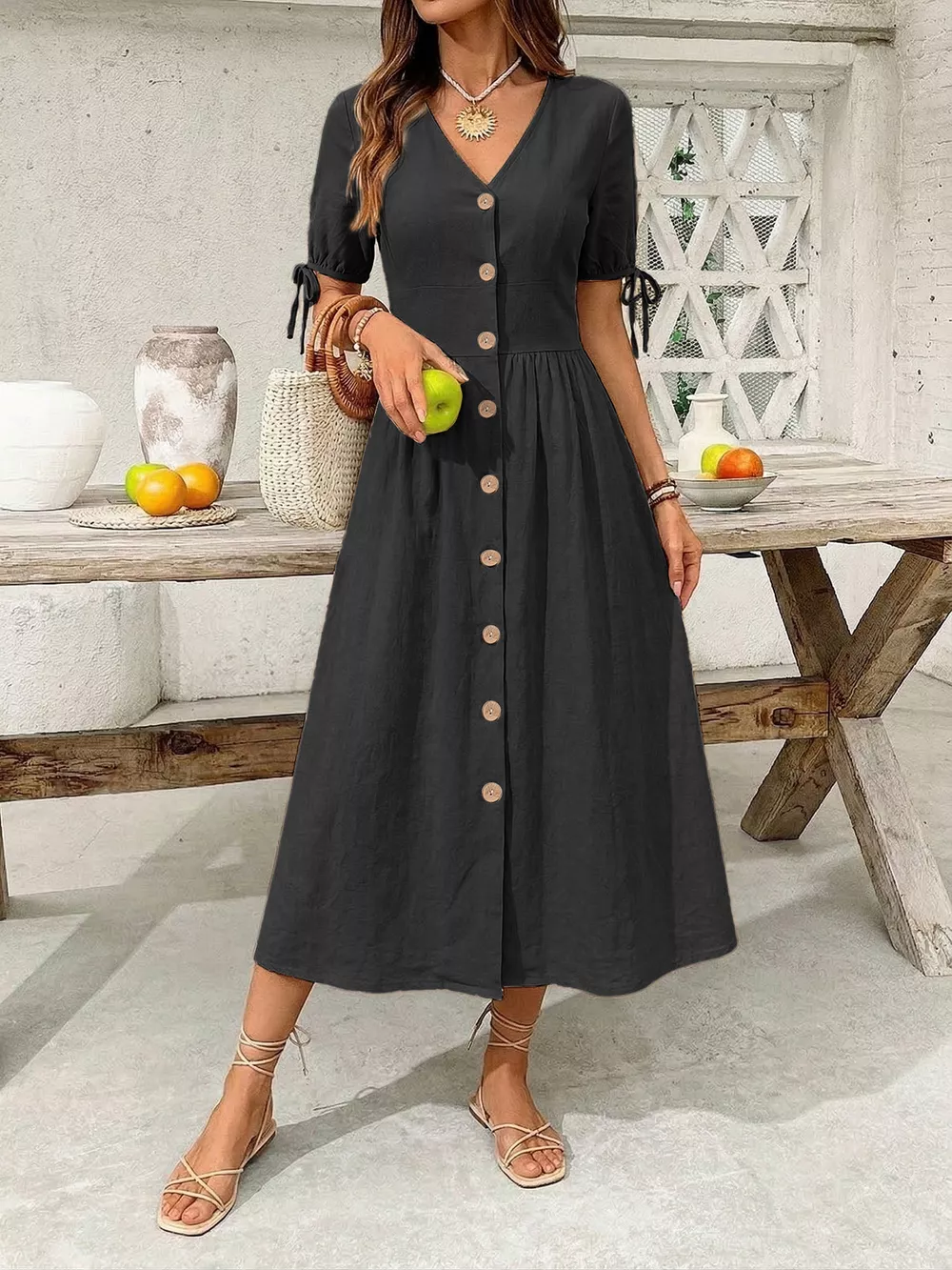 Button-Down Short Sleeve Midi Dress, image 12
