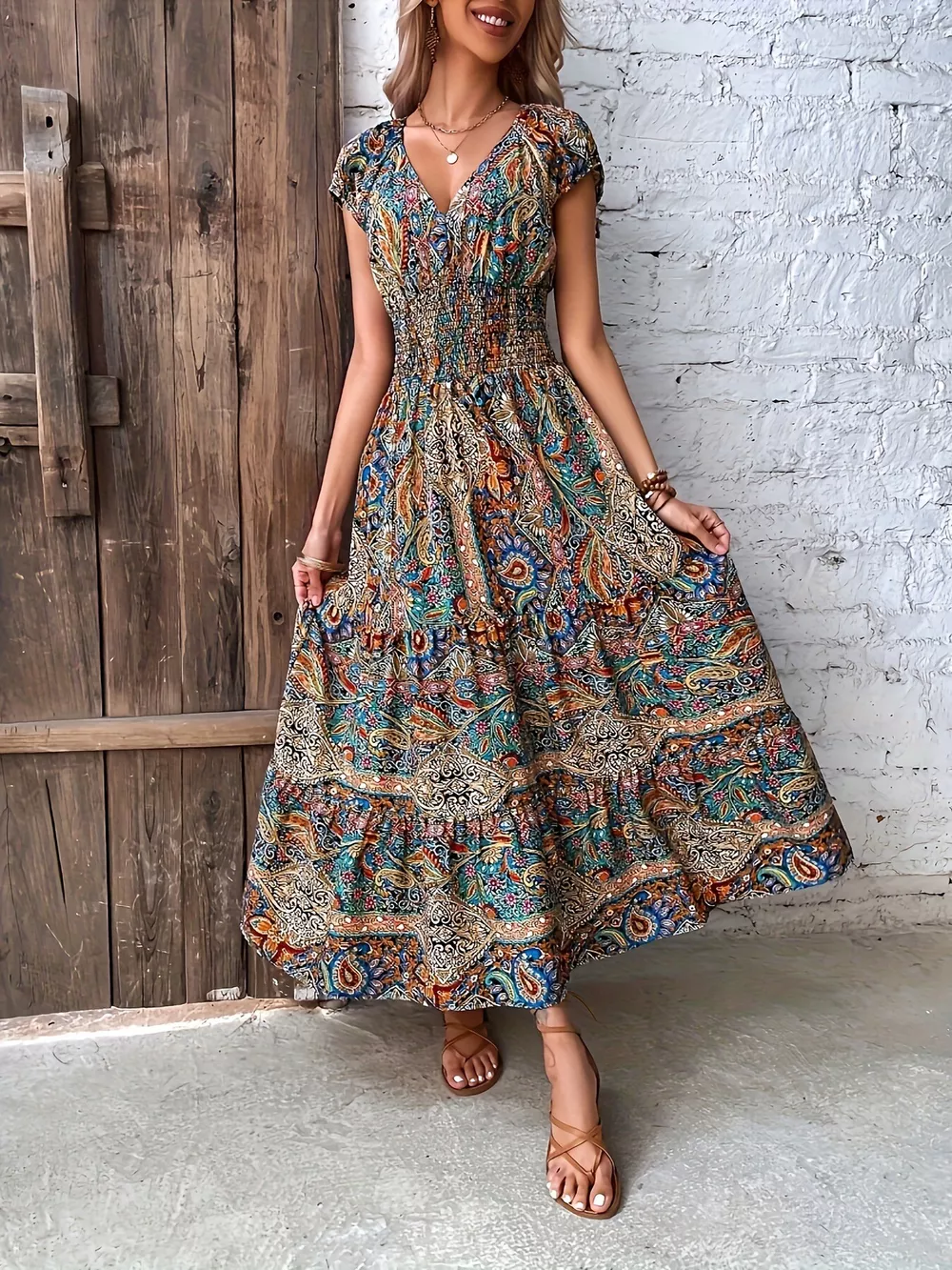 Paisley Print Cap Sleeve Maxi Dress, image 2