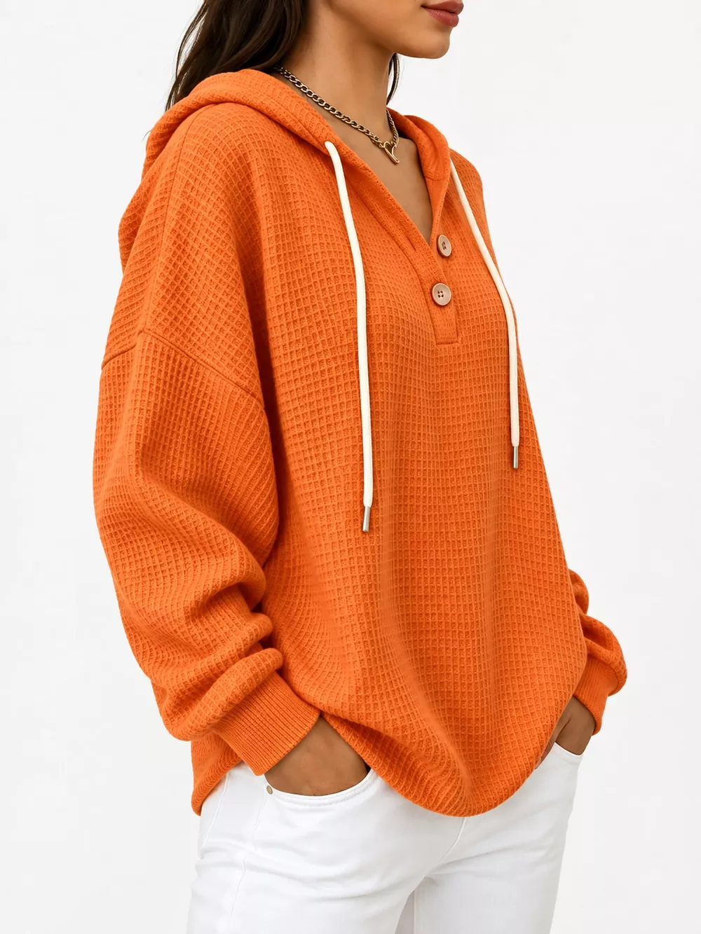 Full Size Waffle Knit Button Detail Hoodie Plus Size, image 31