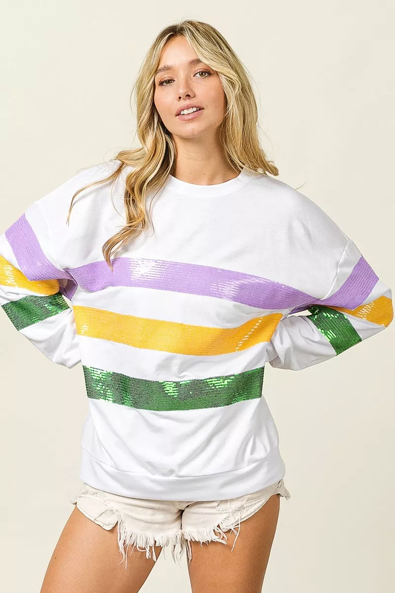 Sequin Mardi Gras Striped Round Neck Sweatshirt, image 15
