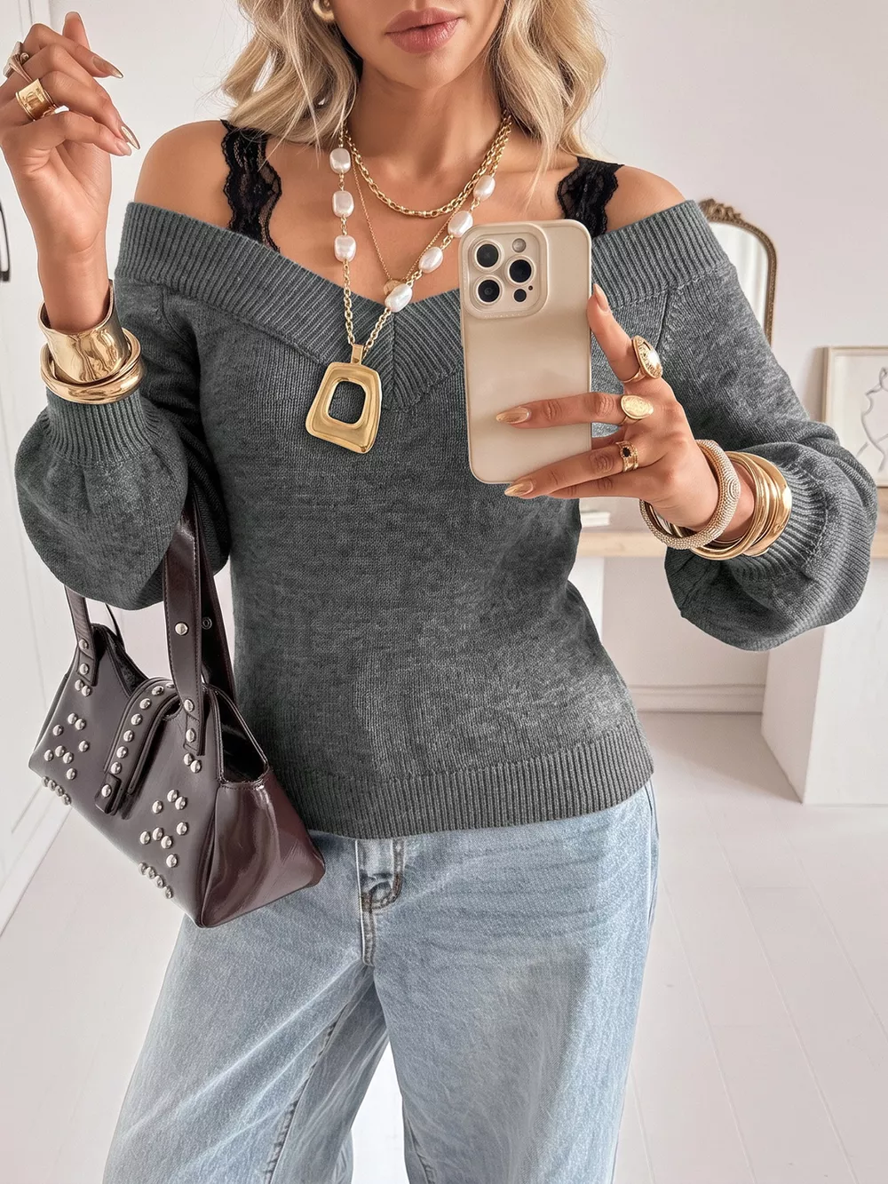 Off-Shoulder Lace Trim Sweater, image 3