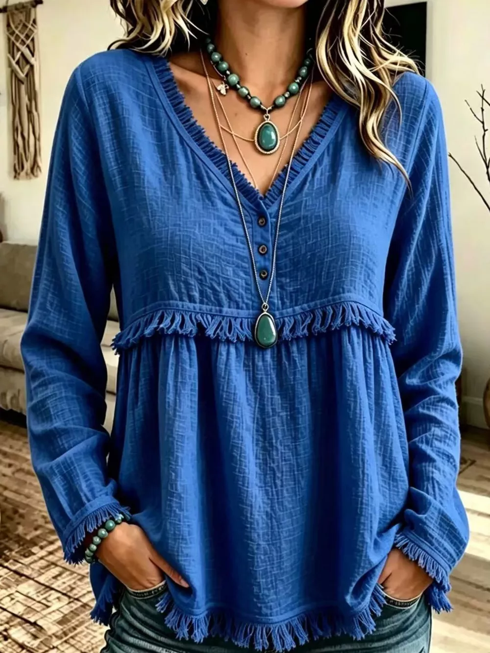 Full Size Fringed Trim V-Neck Long Sleeve Blouse Plus Size, image 54