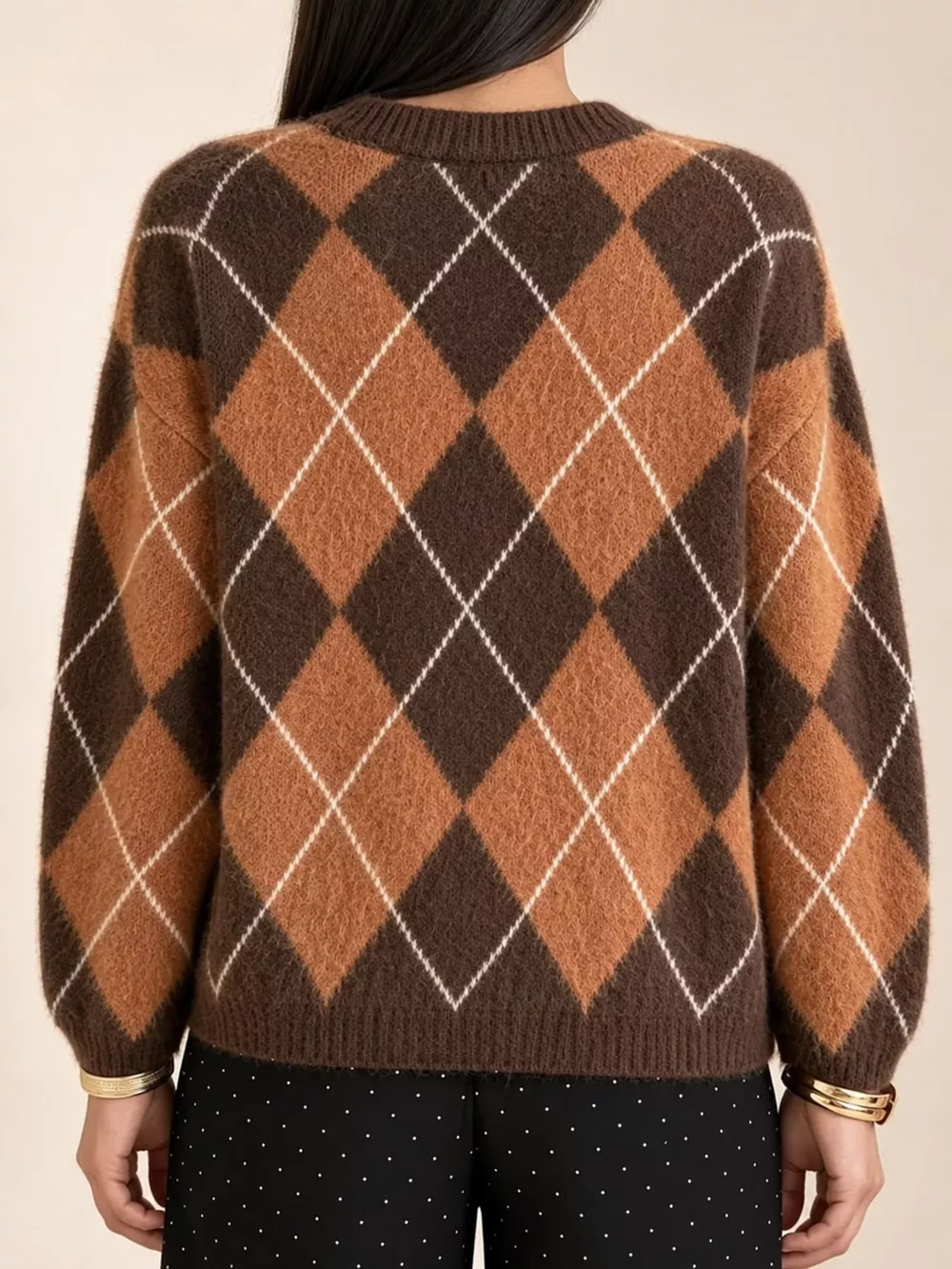 Argyle Pattern Fuzzy Knit Sweater, image 4