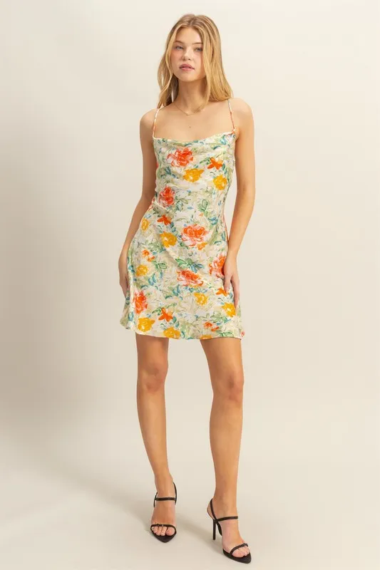Floral Cowl Neck Flirty Satin Mini Dress, image 4