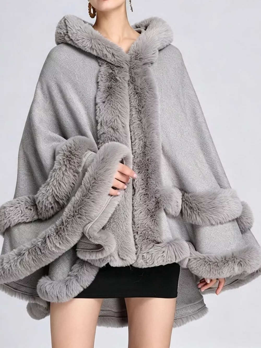 Faux Fur Trimmed Hooded Cape, image 49
