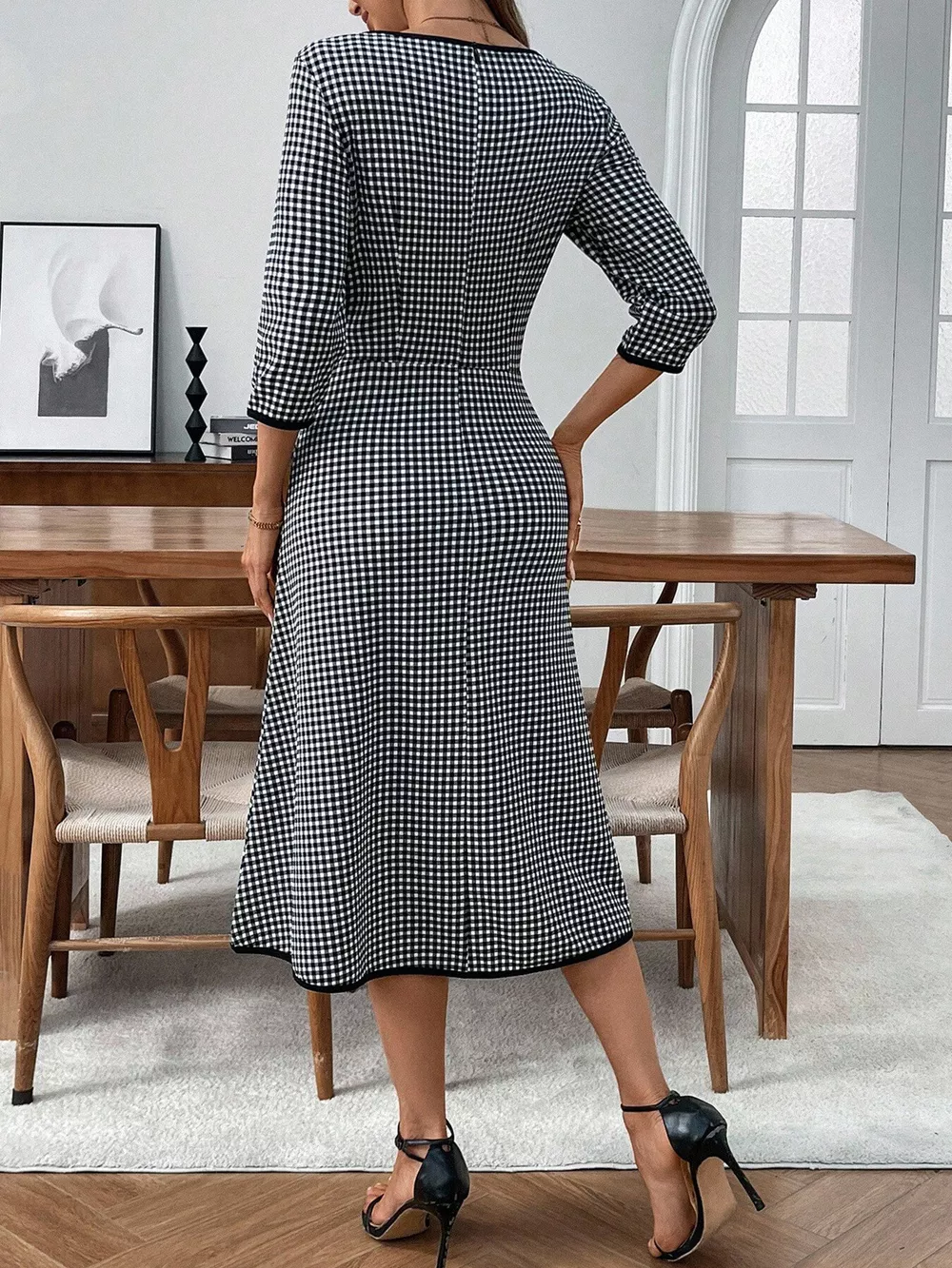 Plaid Round Neck 3/4 Sleeve Dress, image 5