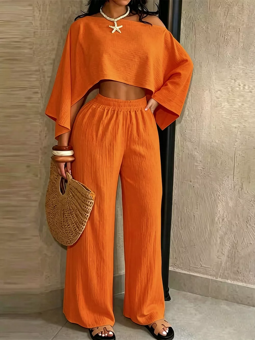 Boat Neck Crop Top and Wide-Leg Pants Set, image 2