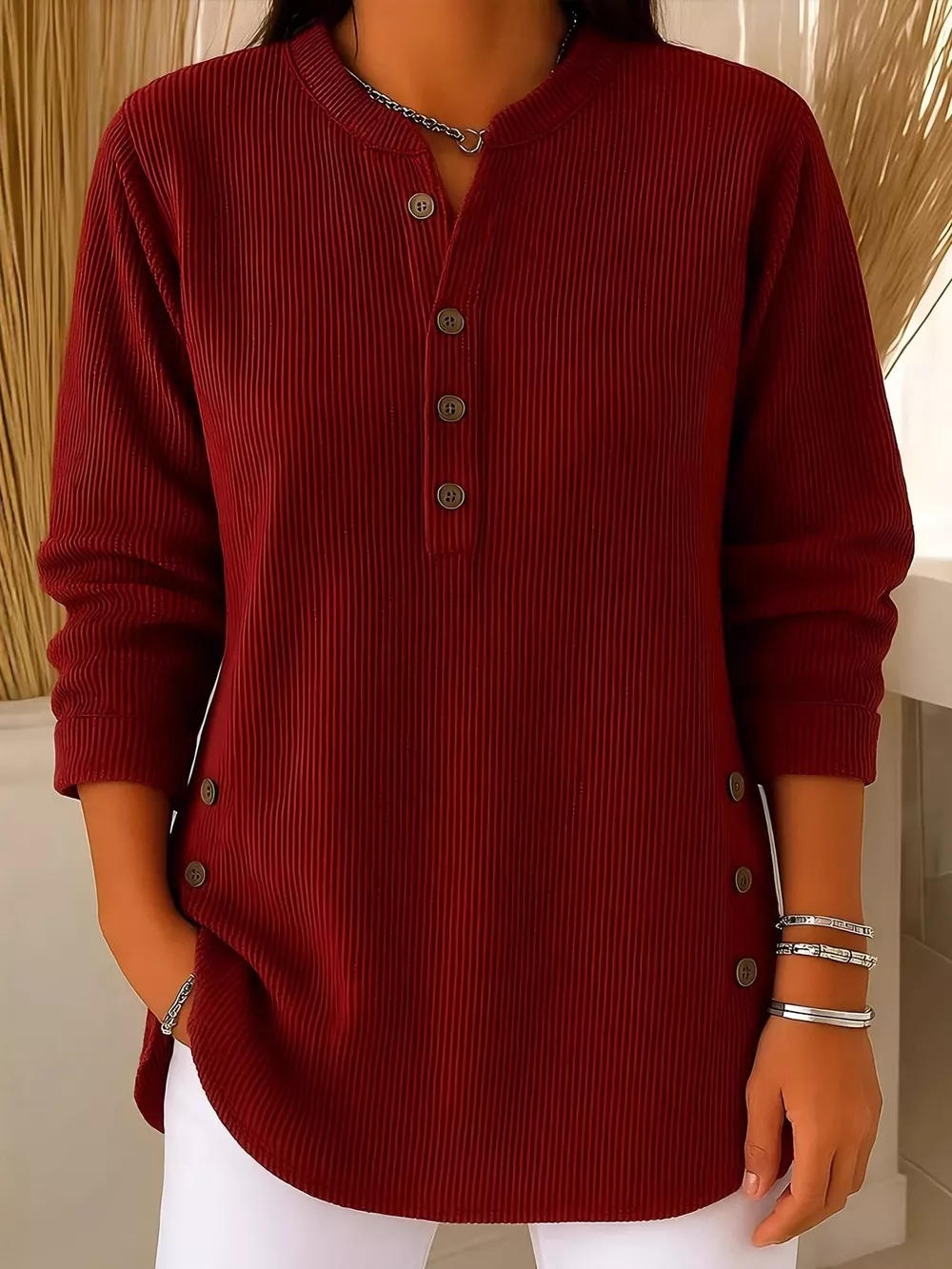 Full Size Button Detail Long Sleeve Top Plus Size