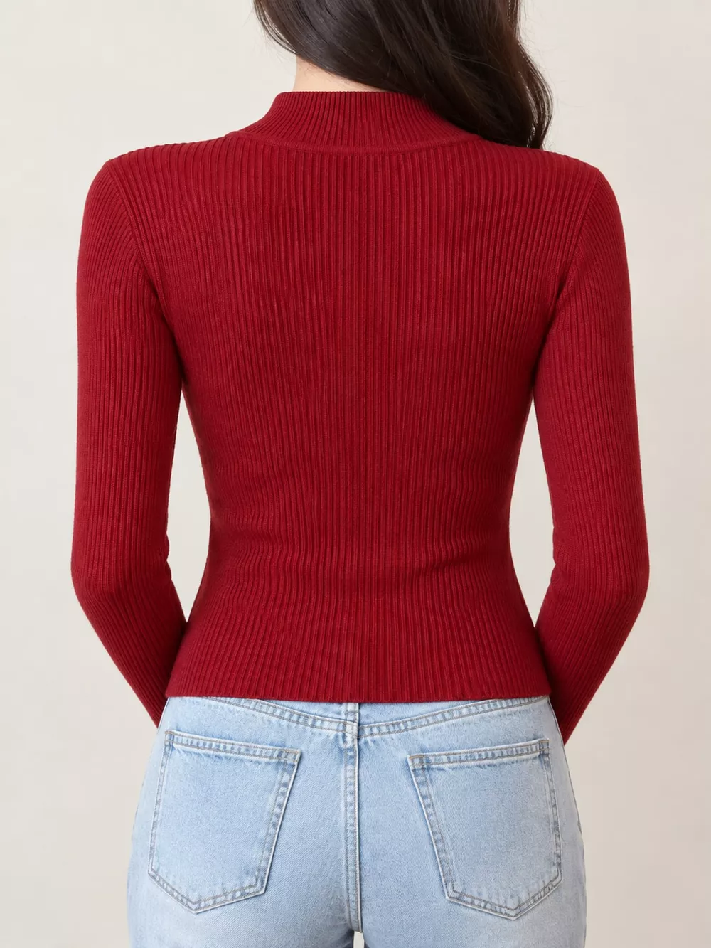 Elegant Slim-Fit Ribbed Mock Neck Knit Top, image 32